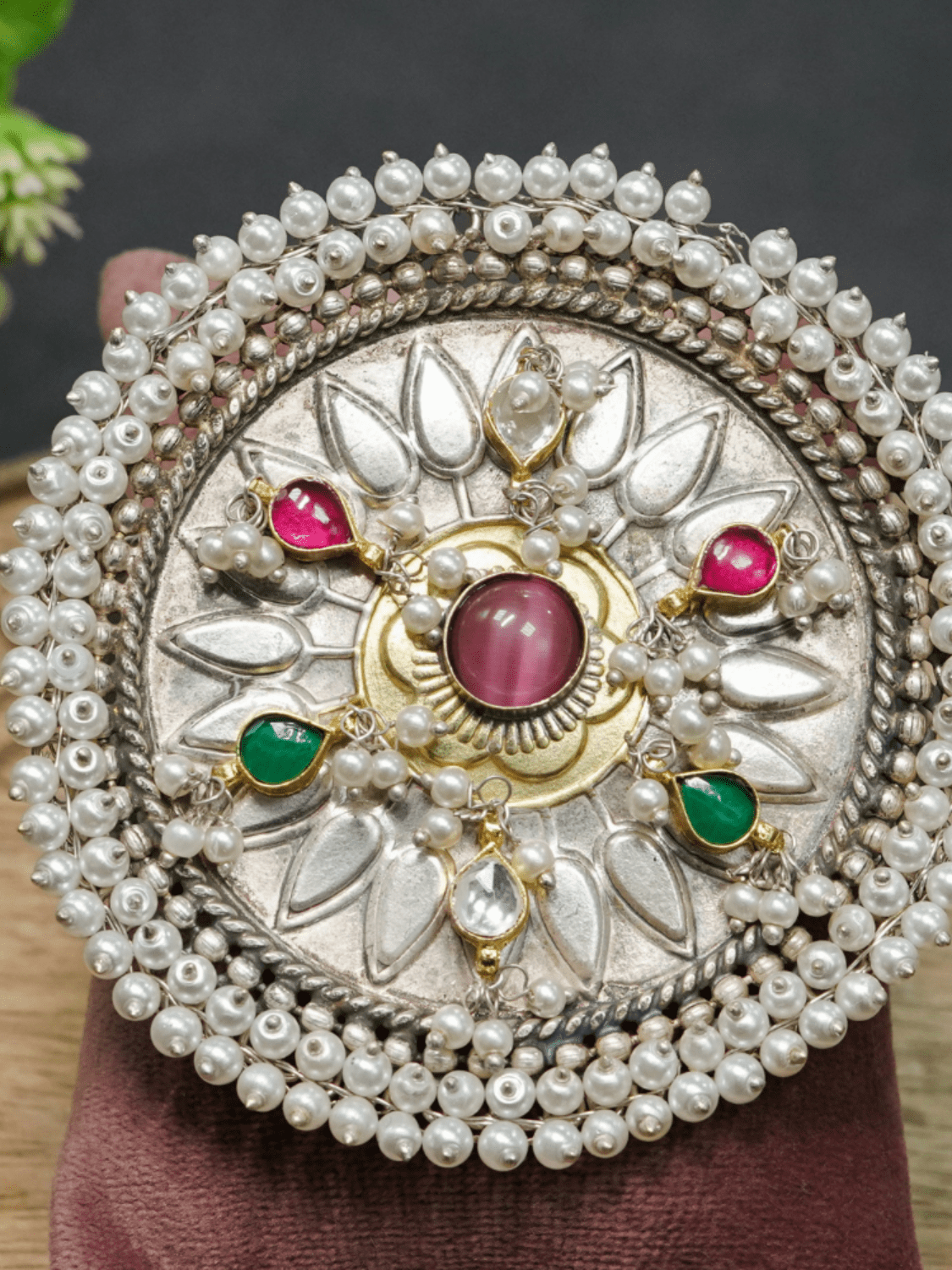 Round Adjustable Statement Cuff Oxidised With Kundan Work - QUEENS JEWELS