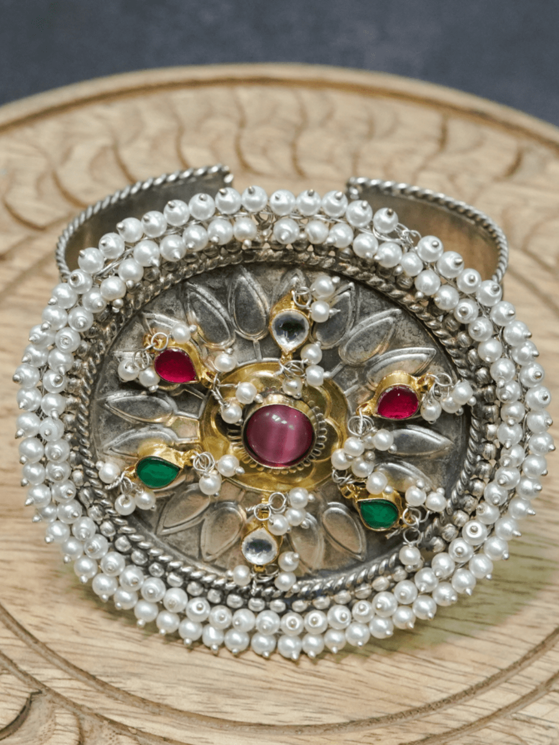 Round Adjustable Statement Cuff Oxidised With Kundan Work - QUEENS JEWELS