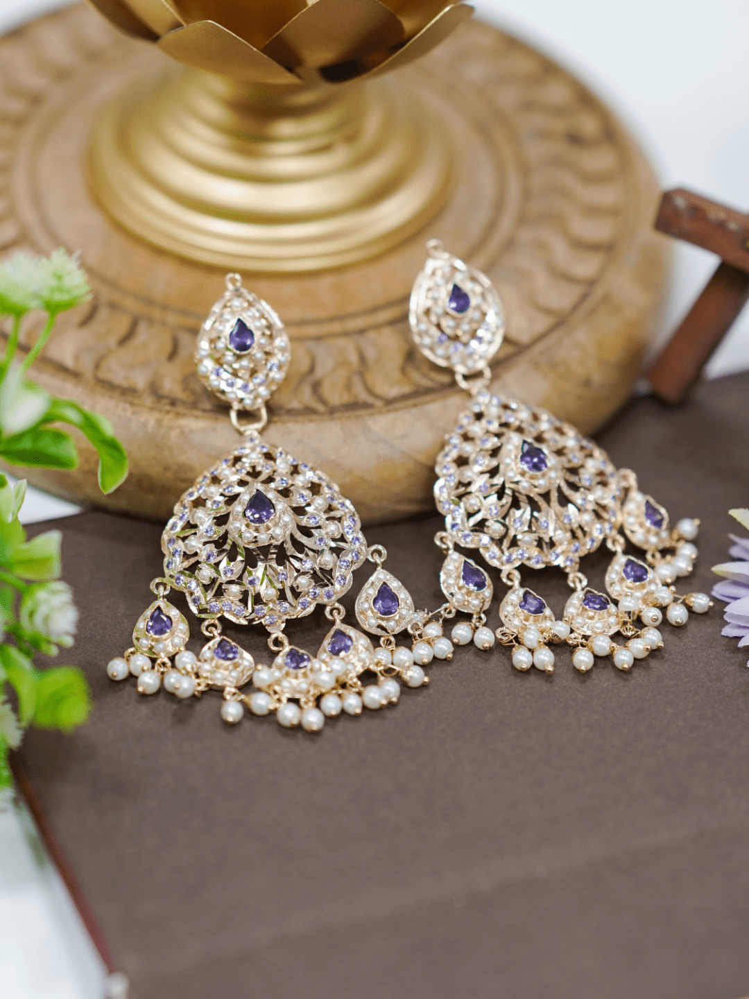 Aura Jadau Chaandbali Earrings - Purple - QUEENS JEWELS