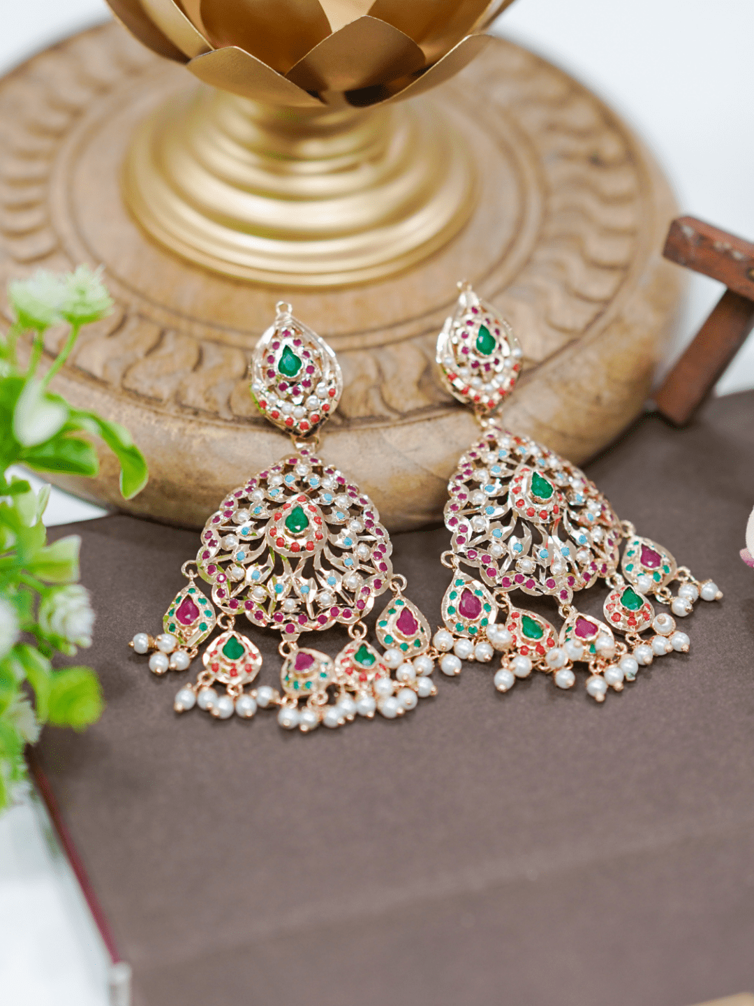 Aura Jadau Chaandbali Earrings - Navratan - QUEENS JEWELS