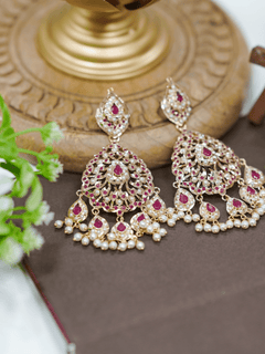Aura Jadau Chaandbali Earrings - Red - QUEENS JEWELS