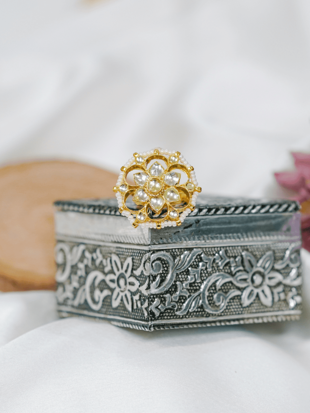 Floral Pearl & Kundan Adjustable Ring - QUEENS JEWELS