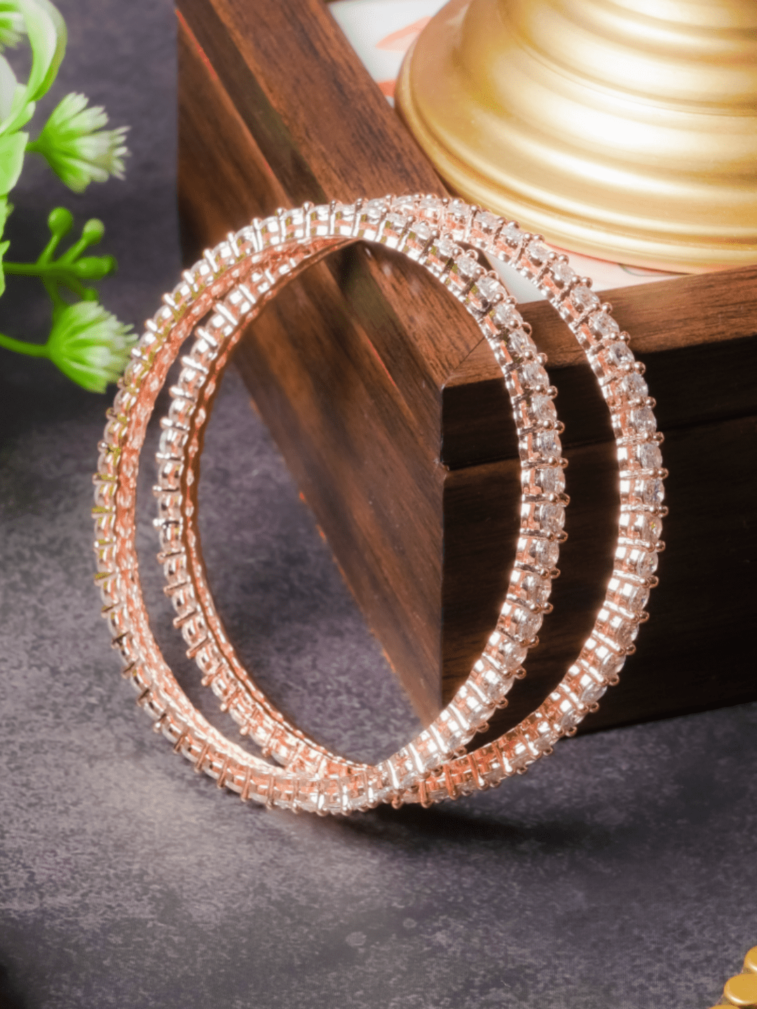 Chic American Diamond Bangle Pair - Rose Gold - QUEENS JEWELS
