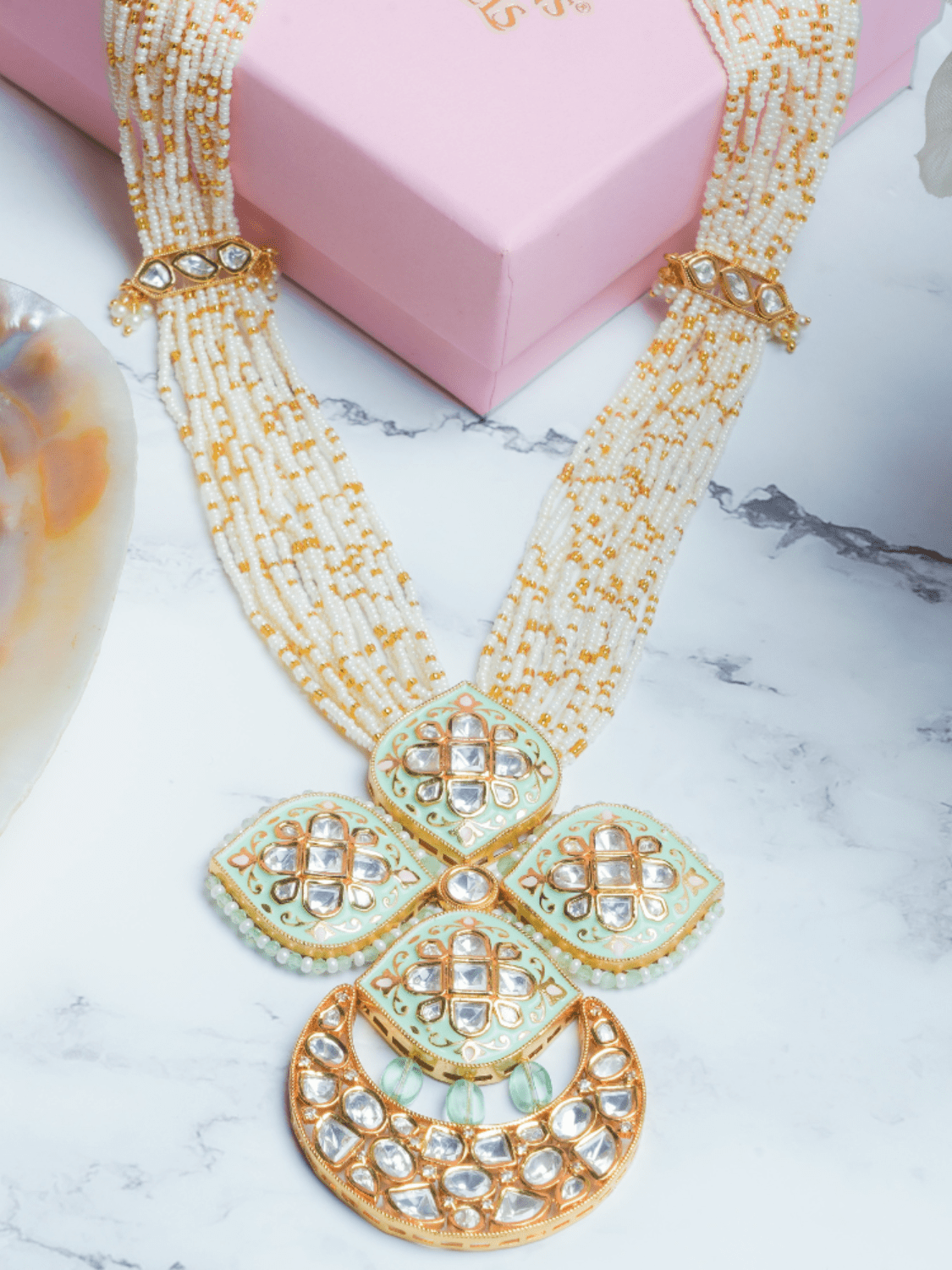 Pastel Turquoise Kundan Pendant With Earrings - QUEENS JEWELS