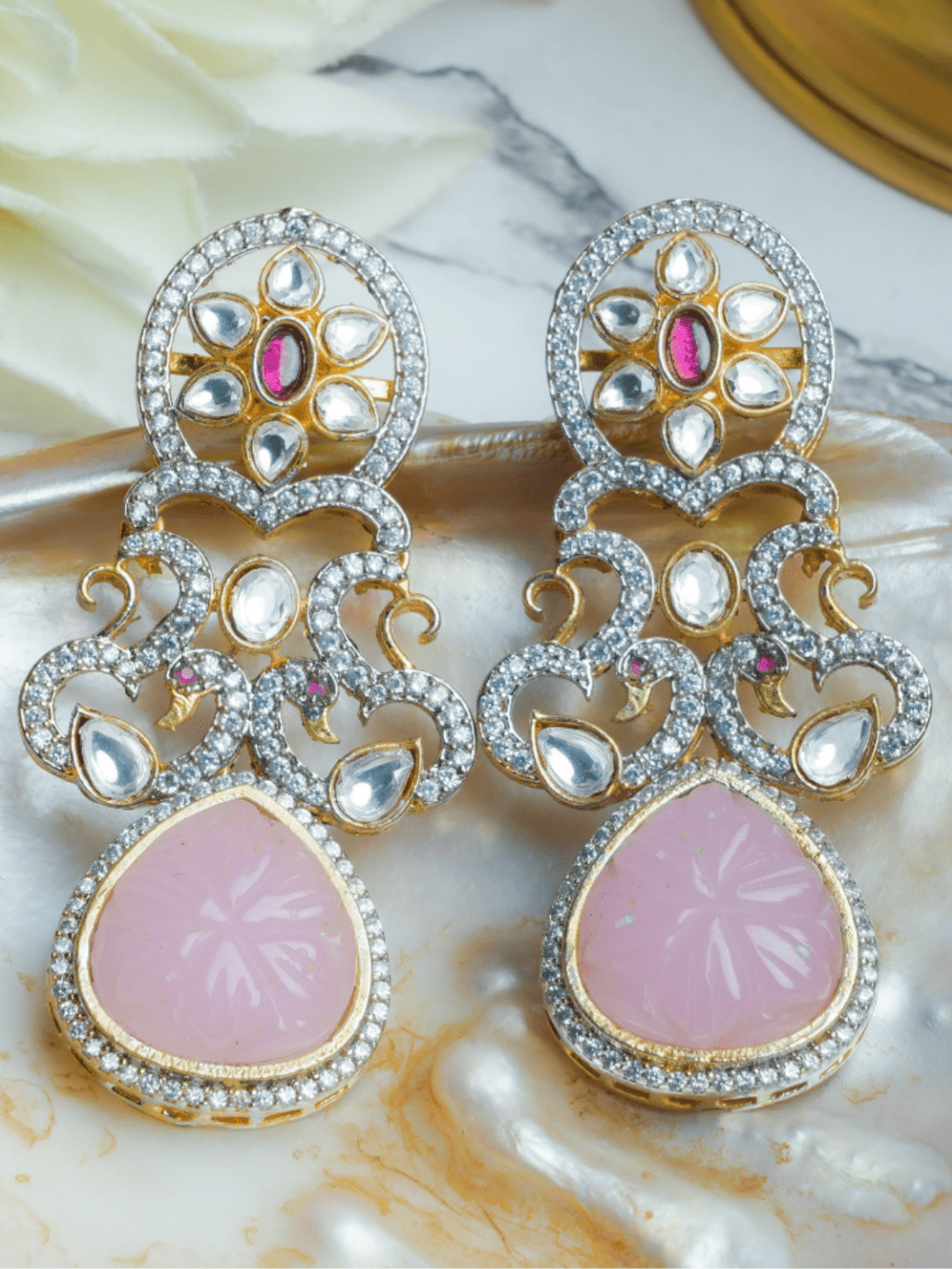 Baby Pink Floral DropKundan Earrings - QUEENS JEWELS