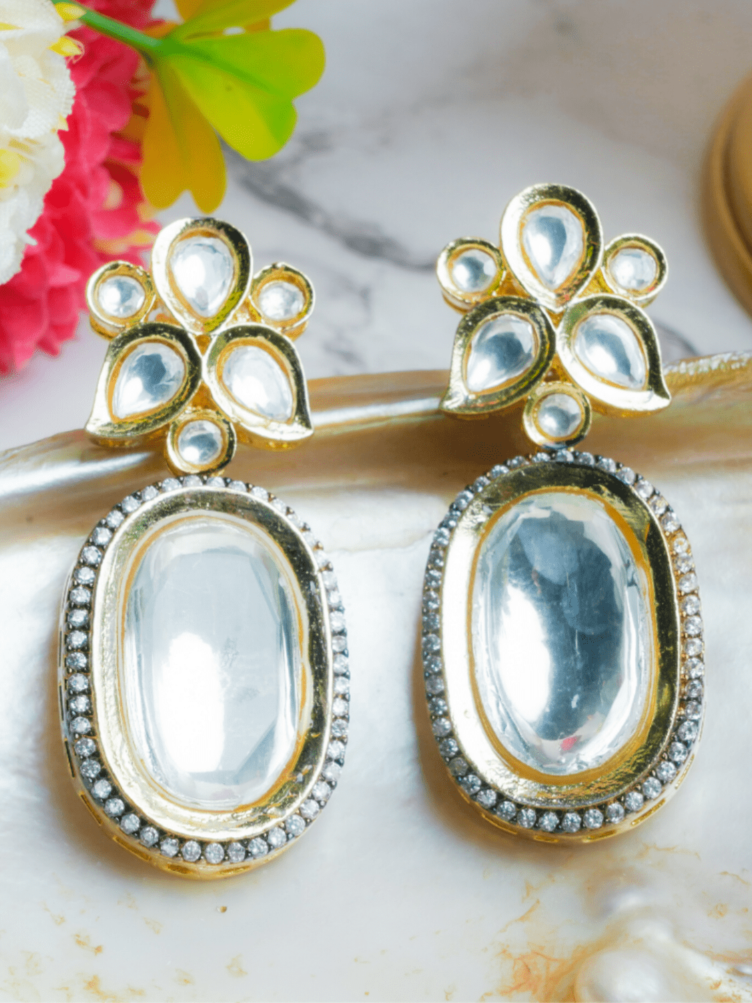 Floral Top Polki Earrings - QUEENS JEWELS