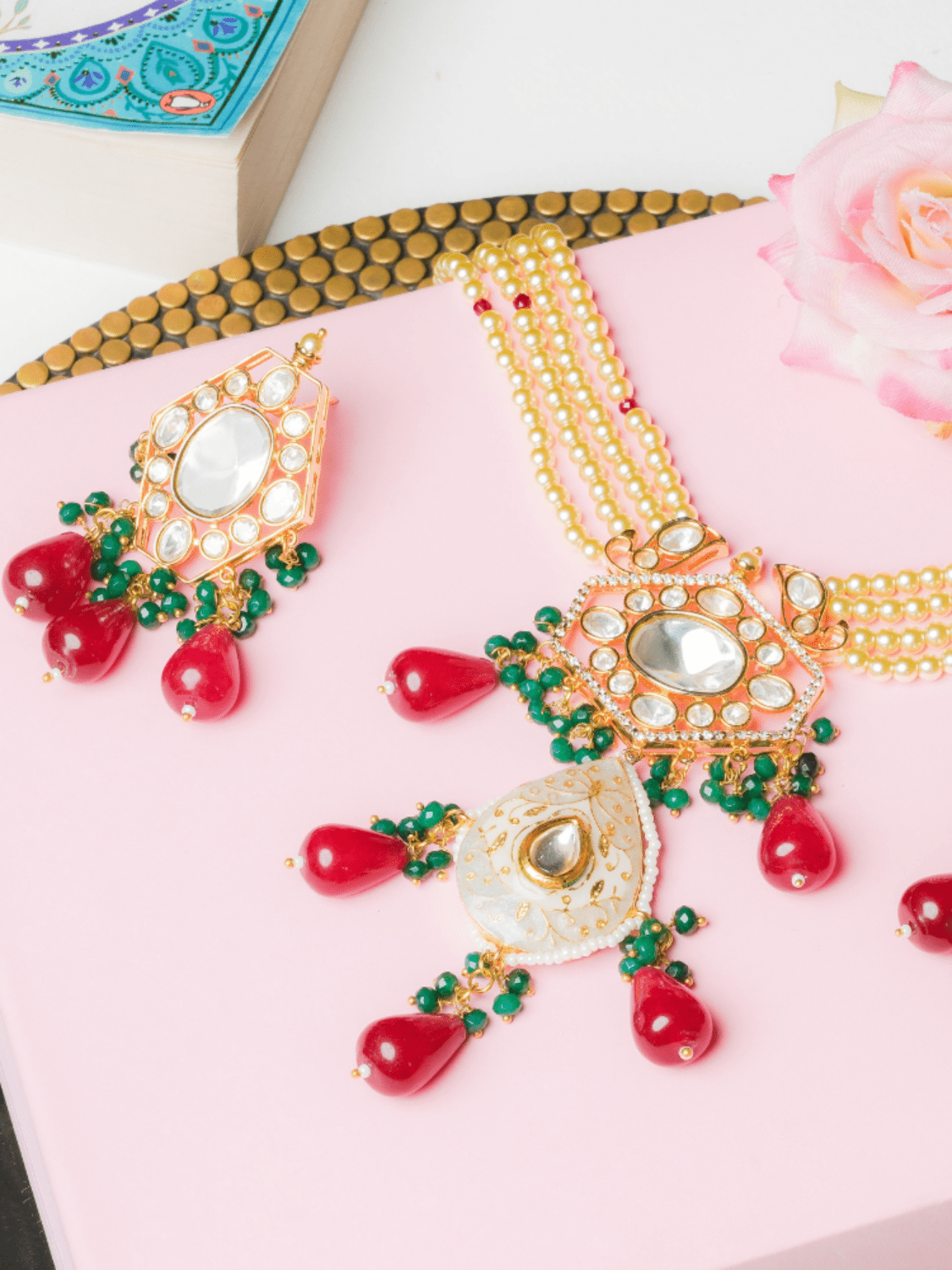 Meera Ruby & Emerald Kundan Necklace Set - QUEENS JEWELS