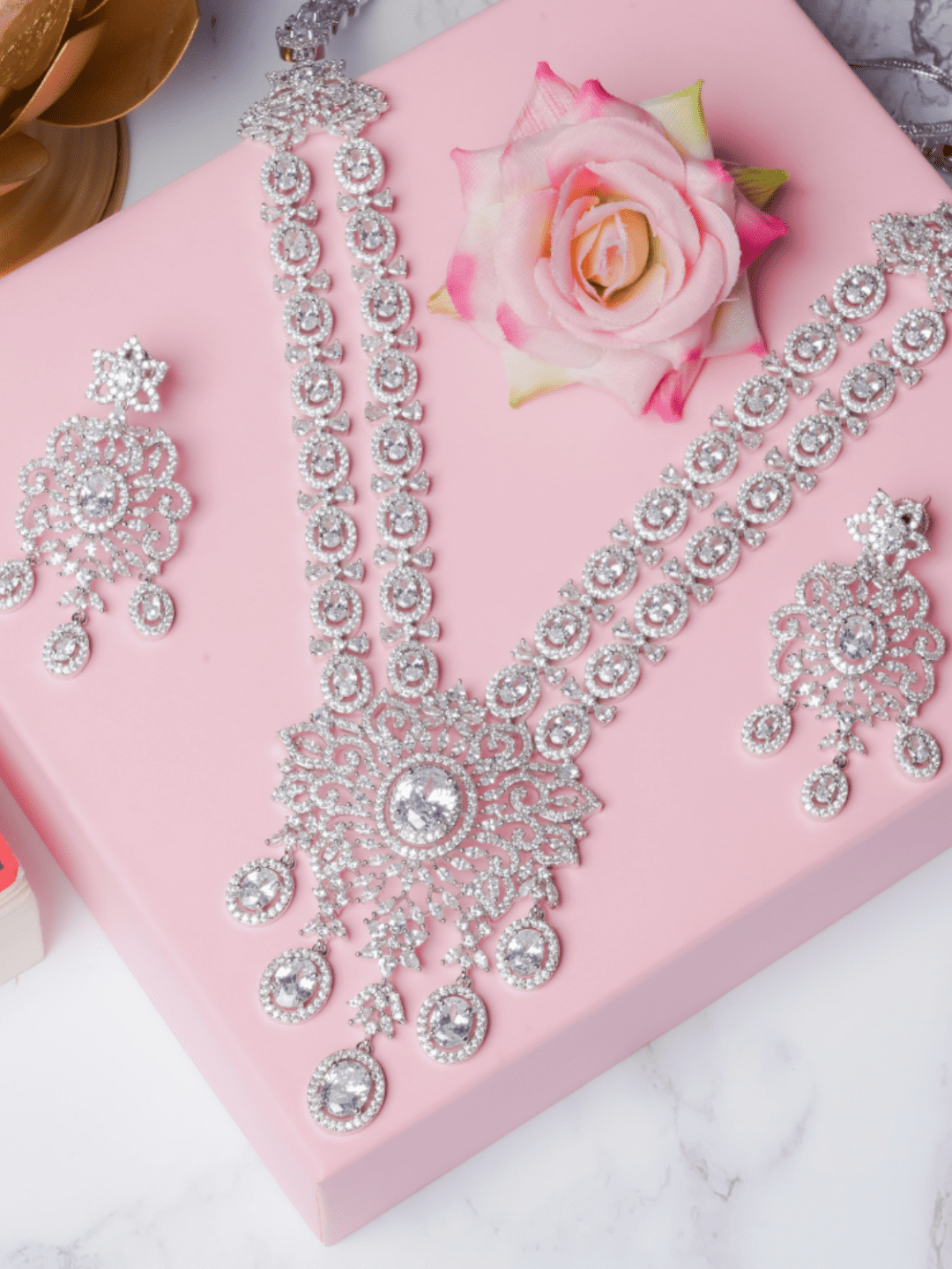Bridal American Diamonds Necklace with Earrings (Set) - QUEENS JEWELS