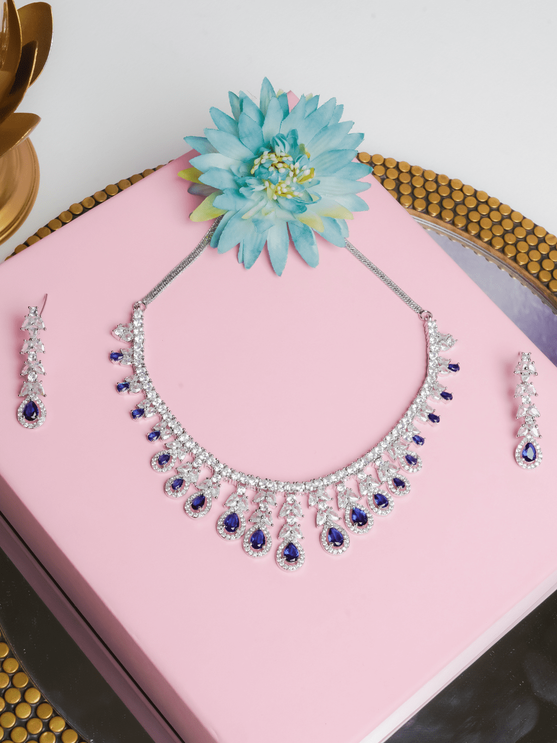 Nayaab American Diamond Choker with Earrings (Necklace and Earrings Set) - QUEENS JEWELS