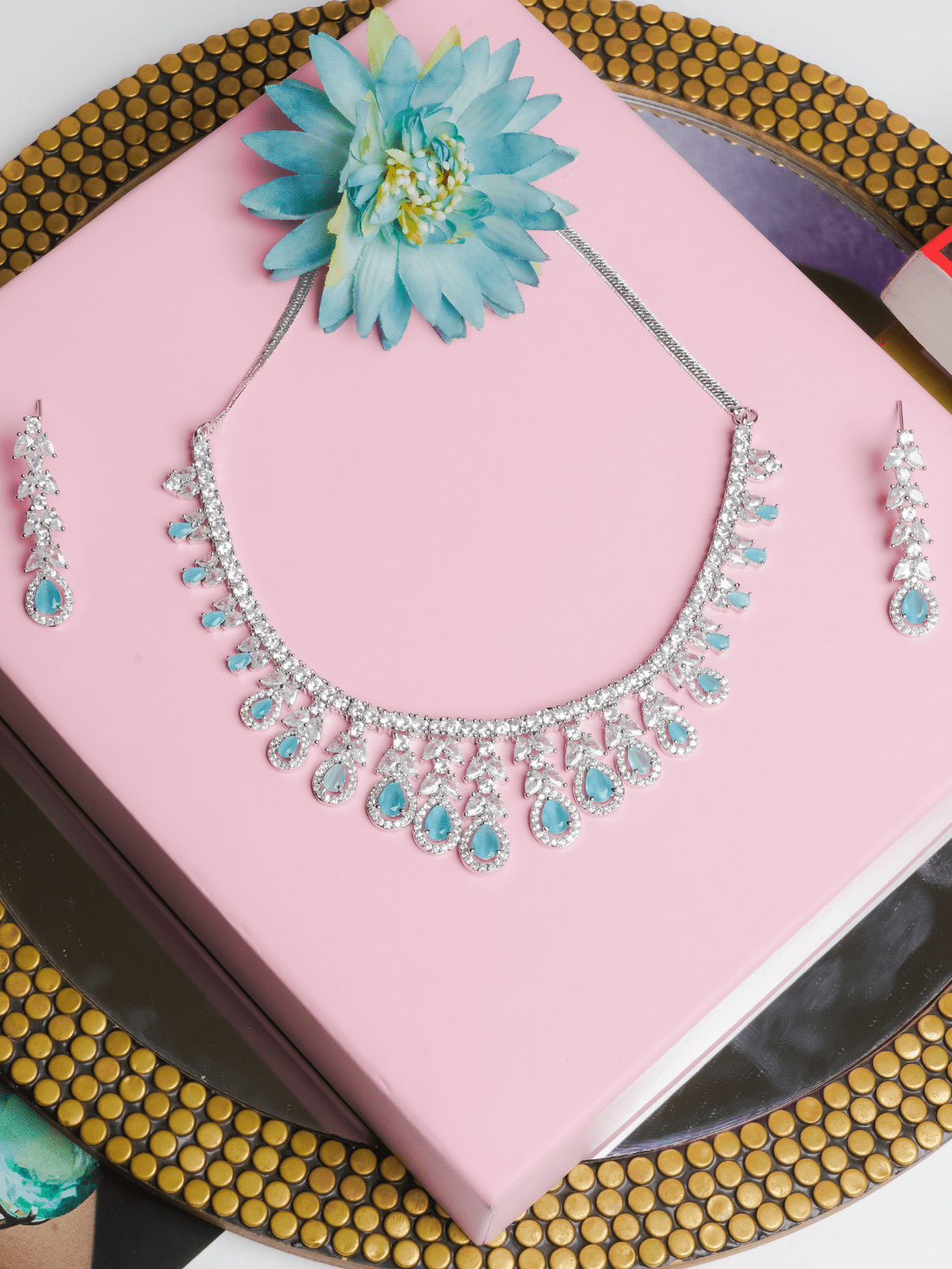 Nayaab American Diamond Choker with Earrings (Necklace and Earrings Set) - QUEENS JEWELS