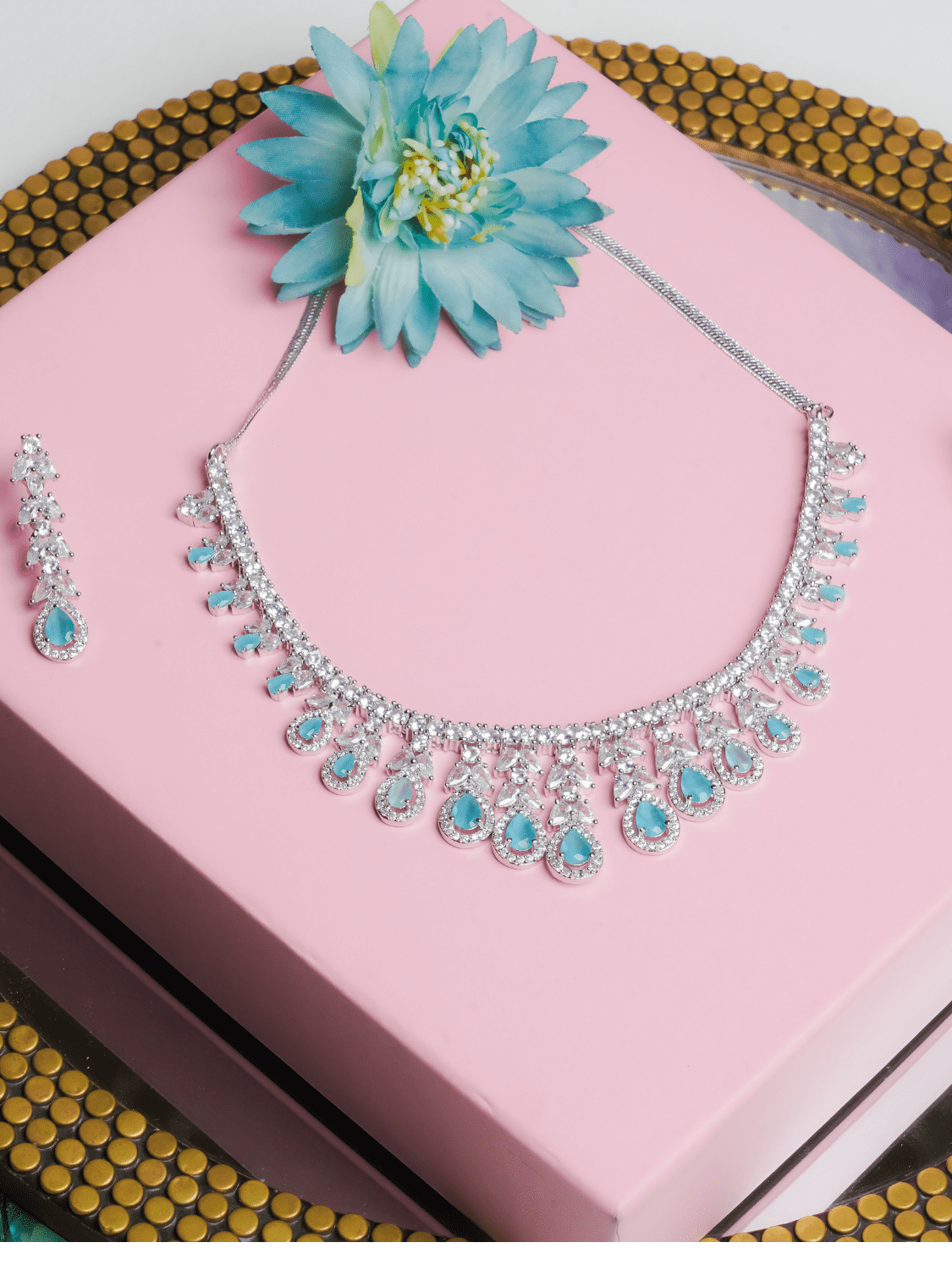 Nayaab American Diamond Choker with Earrings (Necklace and Earrings Set) - QUEENS JEWELS