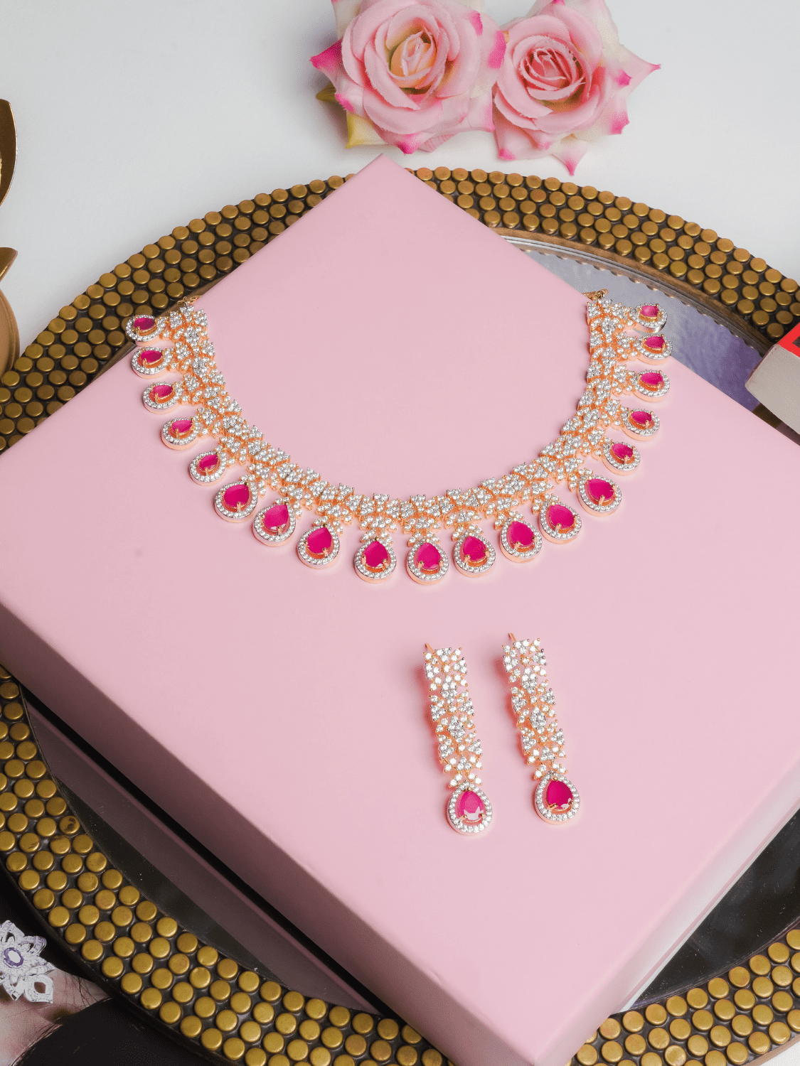 Saisha American Diamond Choker With Earrings (Necklace and Earrings Set) - QUEENS JEWELS