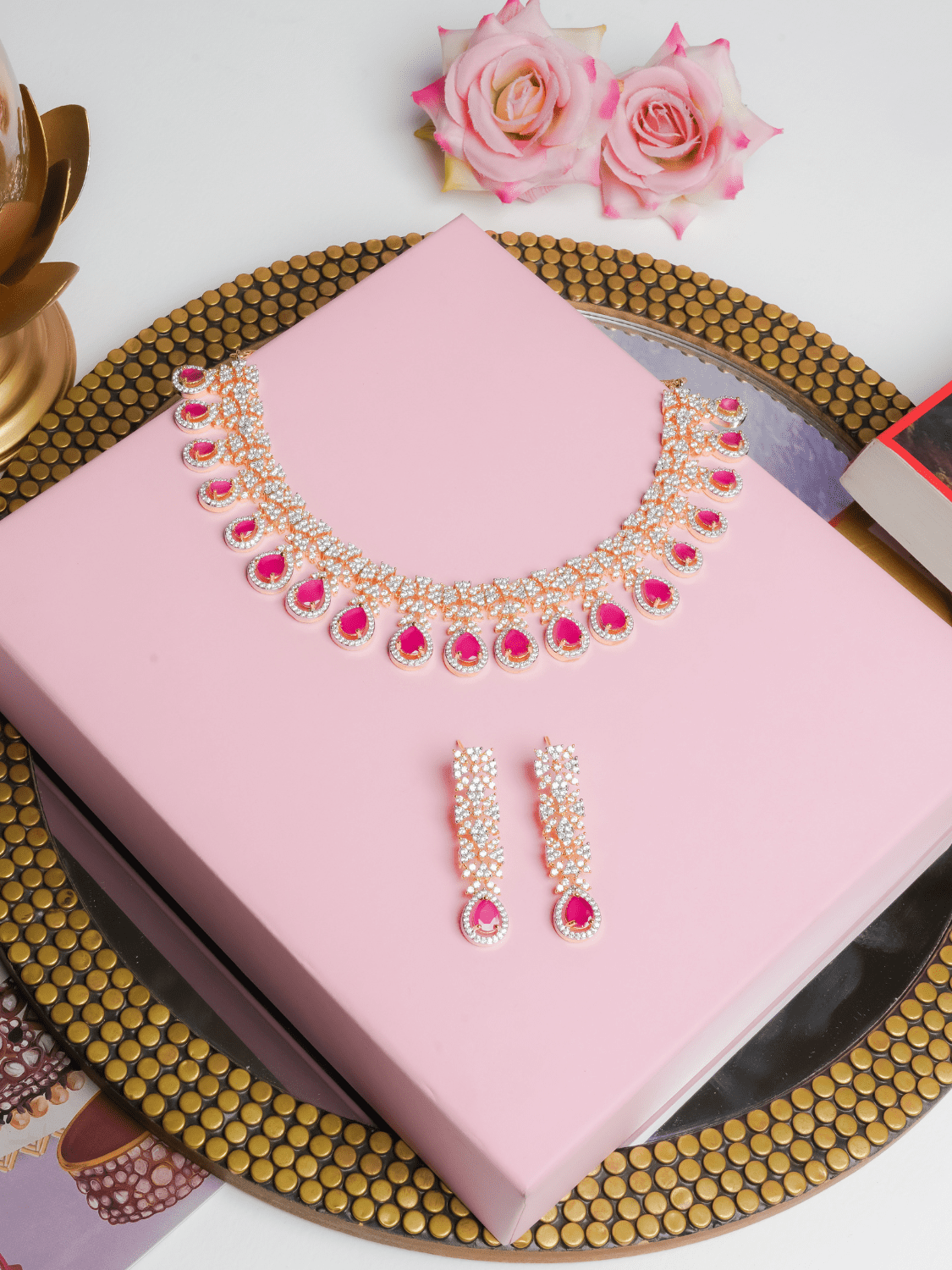 Saisha American Diamond Choker With Earrings (Necklace and Earrings Set) - QUEENS JEWELS