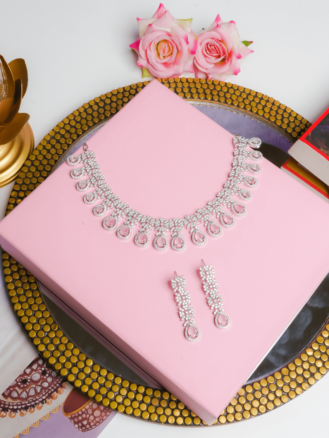 Saisha American Diamond Choker With Earrings (Necklace and Earrings Set) - QUEENS JEWELS