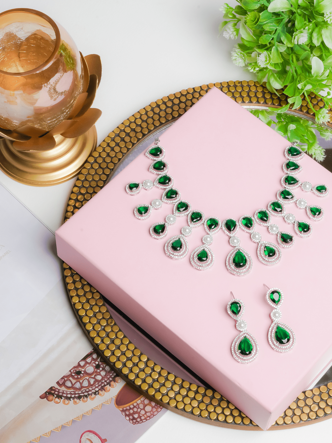 Queens American Diamond Choker with Earrings (Necklace and Earrings Set - Emerald color) - QUEENS JEWELS