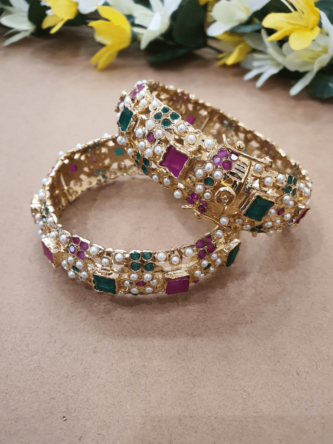 Bridal Heritage Jadau Bangle Pair - Openable - QUEENS JEWELS