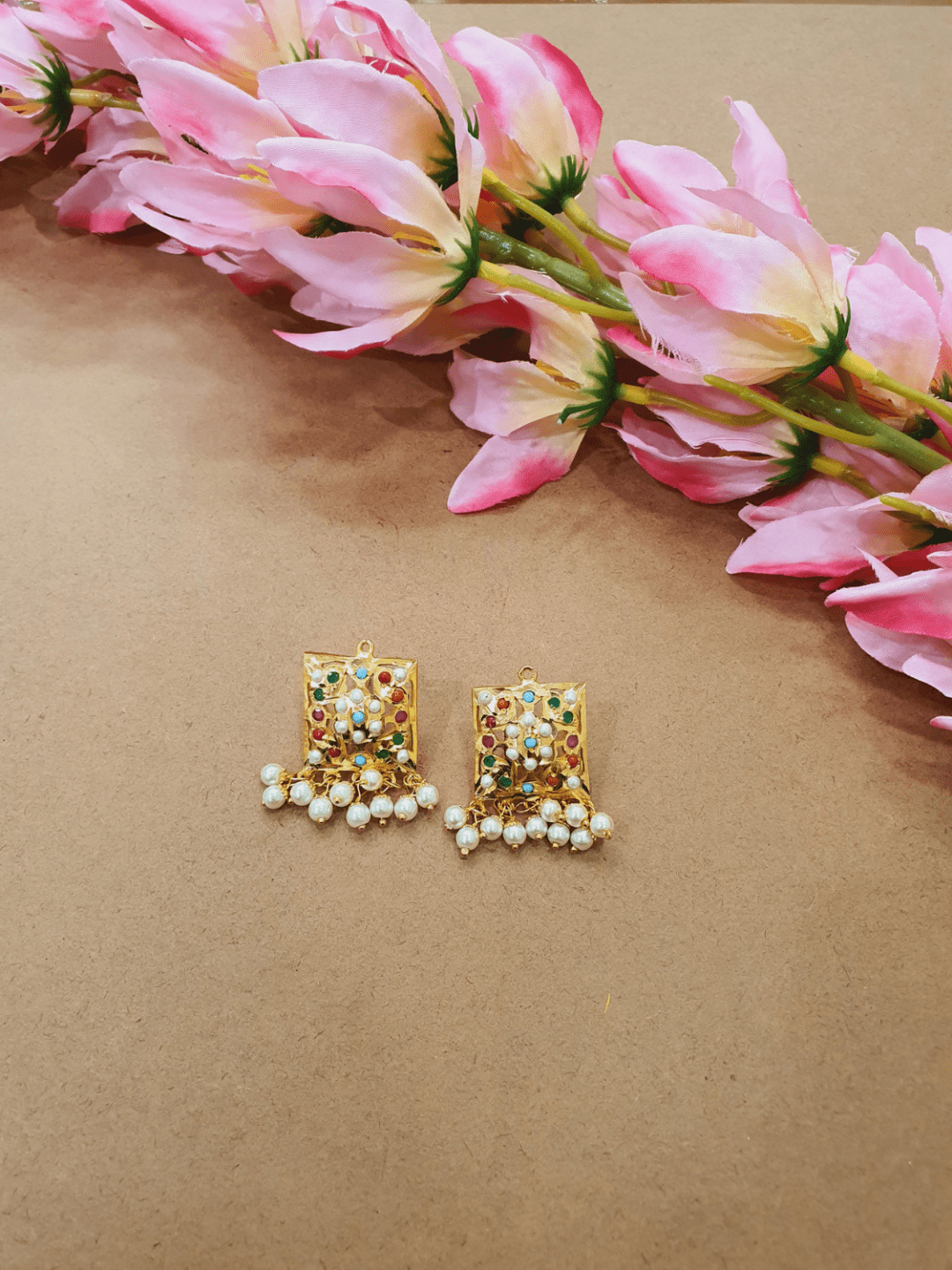 Bridal Jadau Square Navratan Studs Earrings - QUEENS JEWELS