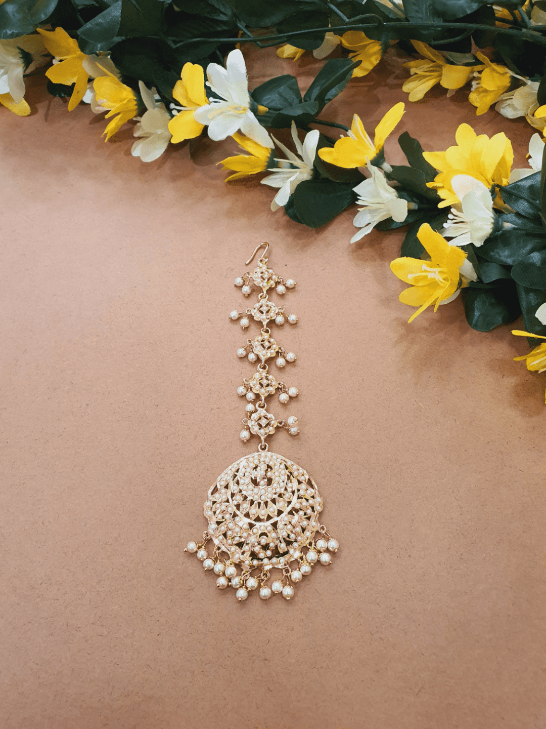 Bridal Jadau White Maangtikka - Round - QUEENS JEWELS