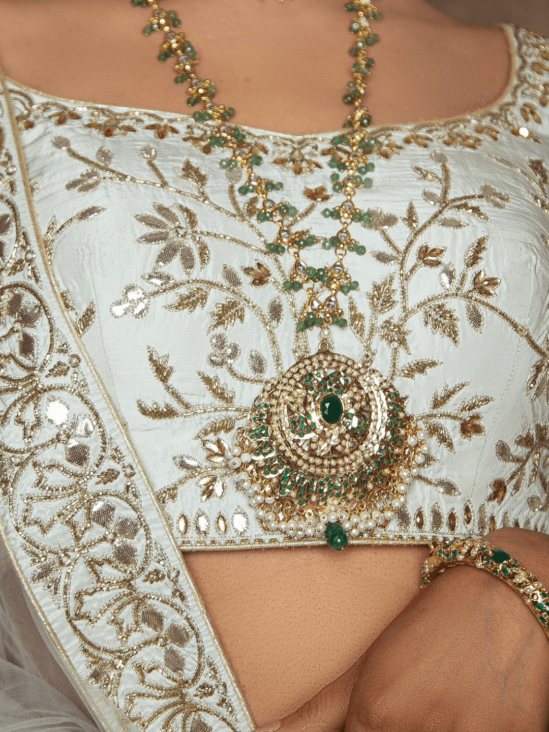 Green Gold Tone Jadau Pendant - QUEENS JEWELS