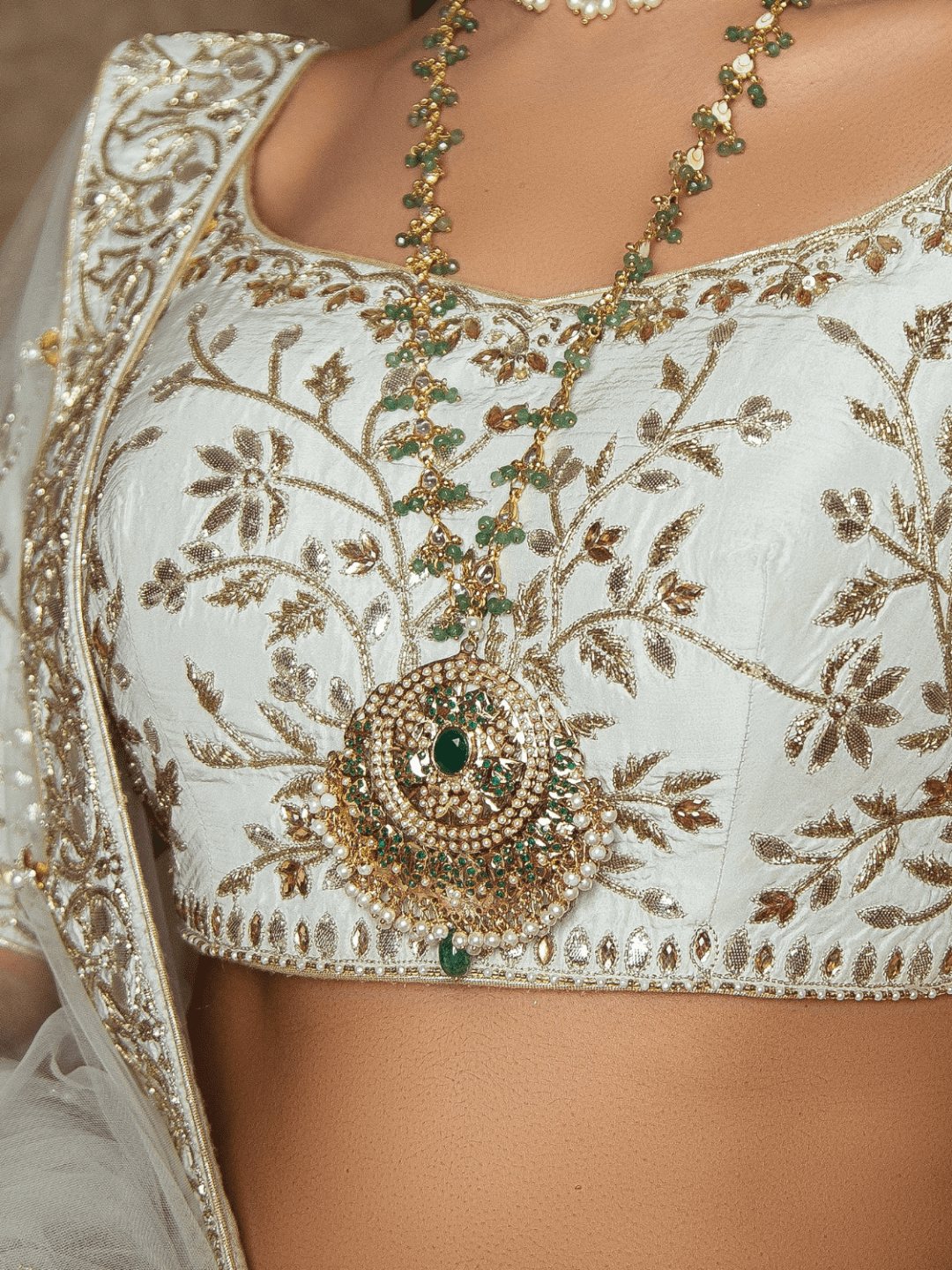 Green Gold Tone Jadau Pendant - QUEENS JEWELS