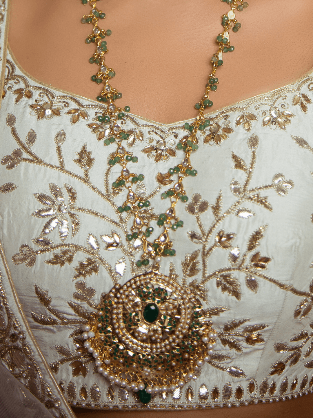 Green Gold Tone Jadau Pendant - QUEENS JEWELS