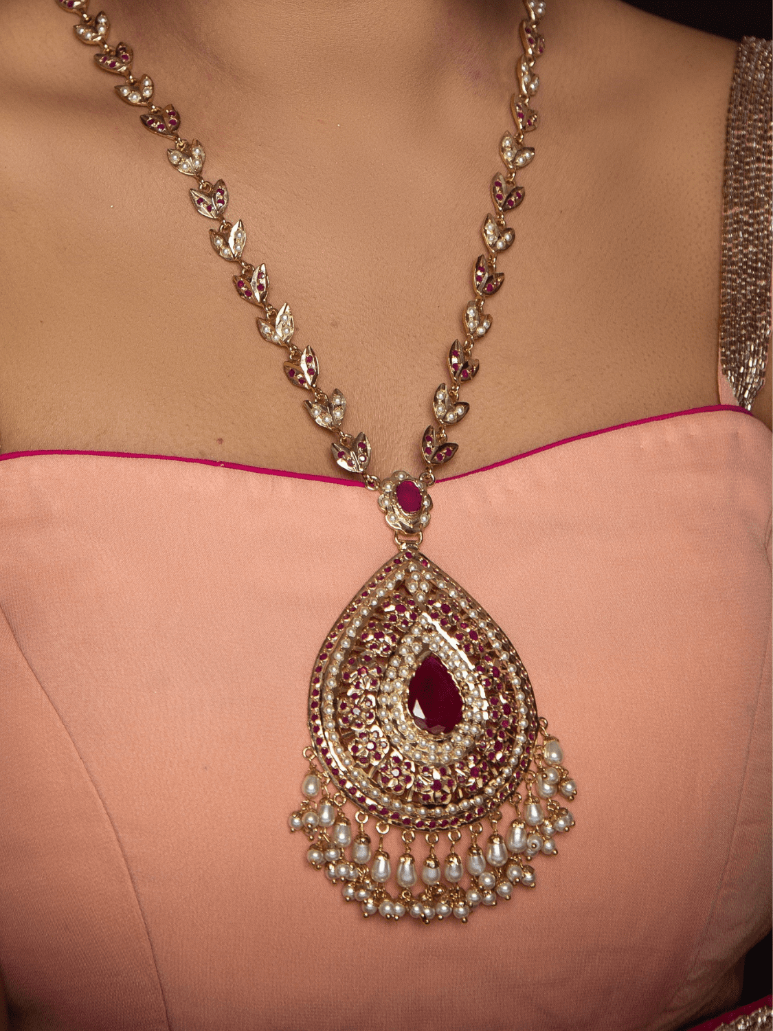 Red Gold Tone Jadau Pendant - QUEENS JEWELS