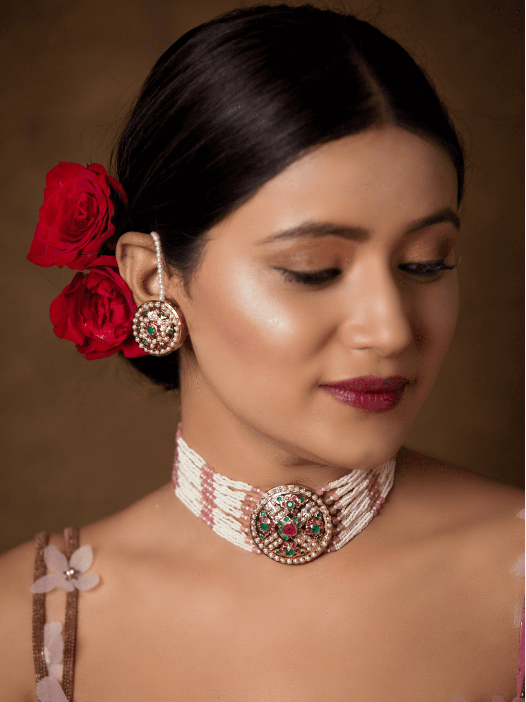 Bridal Jadau Neckhugging Disc Choker (Without Earrings) - QUEENS JEWELS