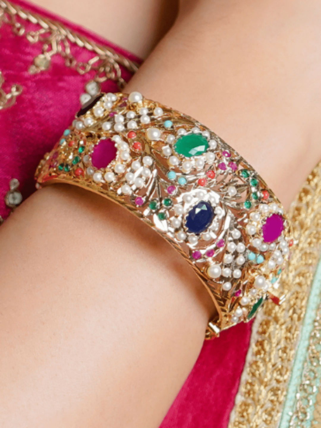 Heritage Jadau Kada Navratan Openable (Single Broad Bangle) - QUEENS JEWELS
