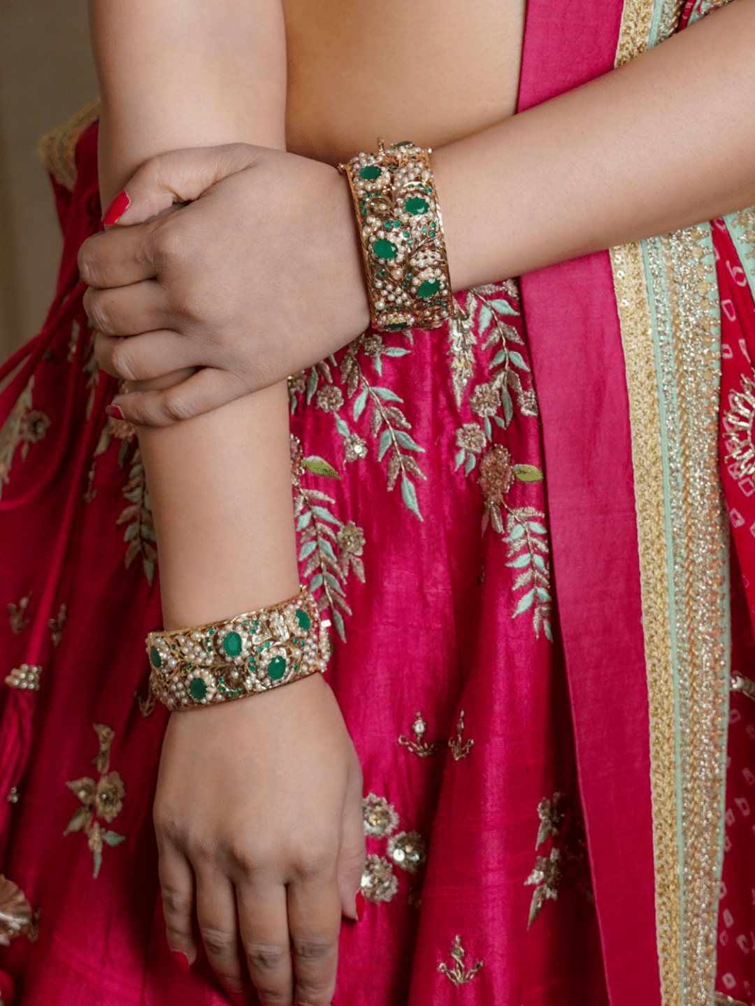 Heritage Jadau Kada Emerald Green and Pearl White (Broad Bangle) - QUEENS JEWELS