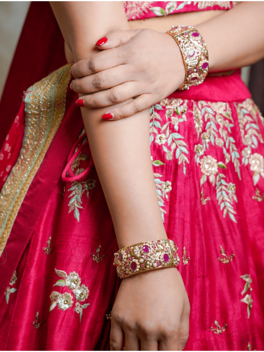 Heritage Jadau Openable Kada Ruby Red and Pearl White (Broad Bangle) - QUEENS JEWELS