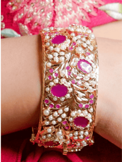 Heritage Jadau Kada Ruby Red and Pearl White (Broad Bangle) - QUEENS JEWELS