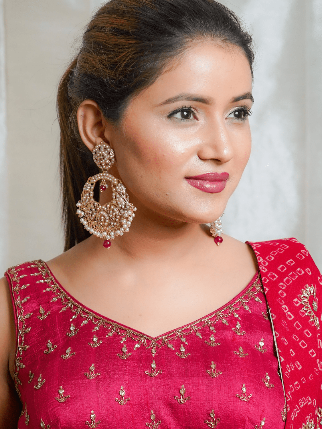 White Gold Tone With Ruby Drops Jadau Chaandbali Earrings - QUEENS JEWELS