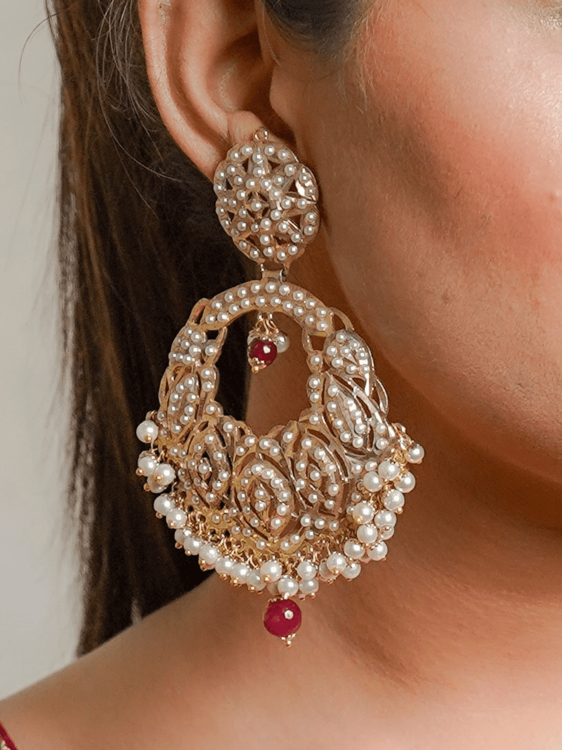 White Gold Tone With Ruby Drops Jadau Chaandbali Earrings - QUEENS JEWELS