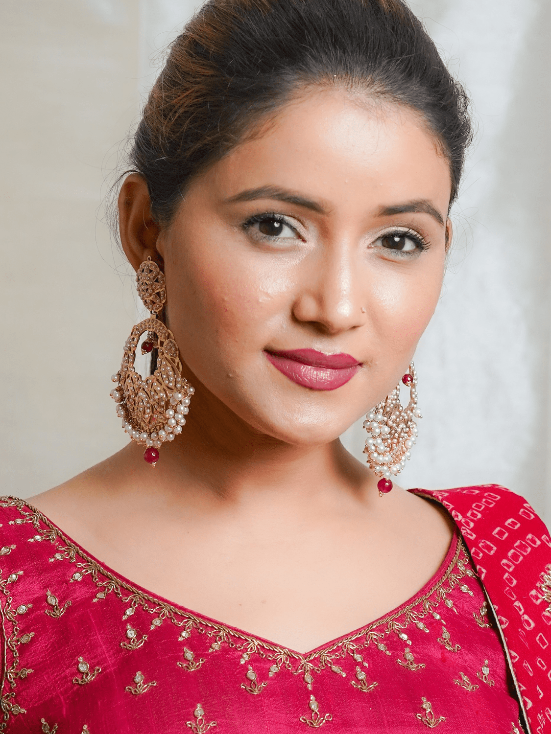 White Gold Tone With Ruby Drops Jadau Chaandbali Earrings - QUEENS JEWELS