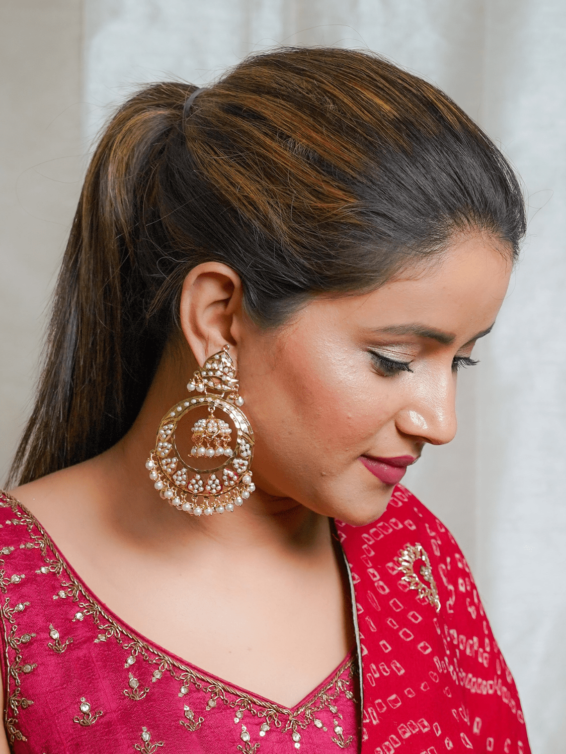 Jadau Jhumka Chandbali Earrings - White - QUEENS JEWELS