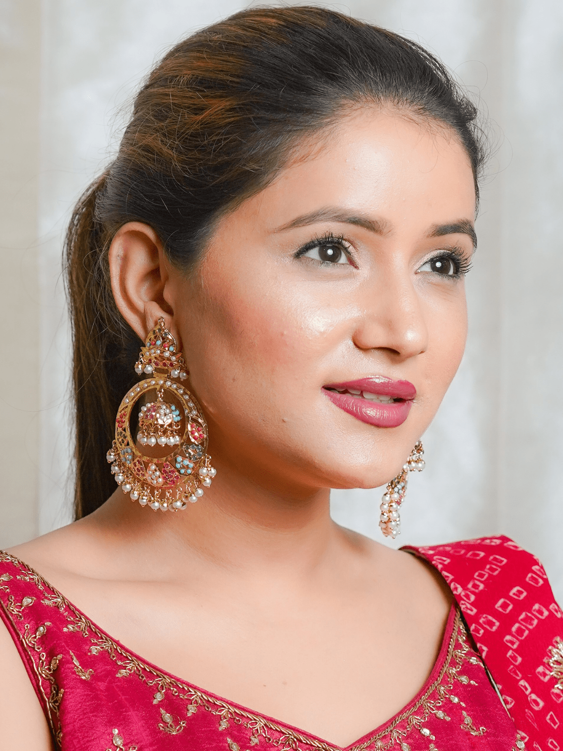 Jadau Jhumka Chandbali Earrings - Navratan - QUEENS JEWELS