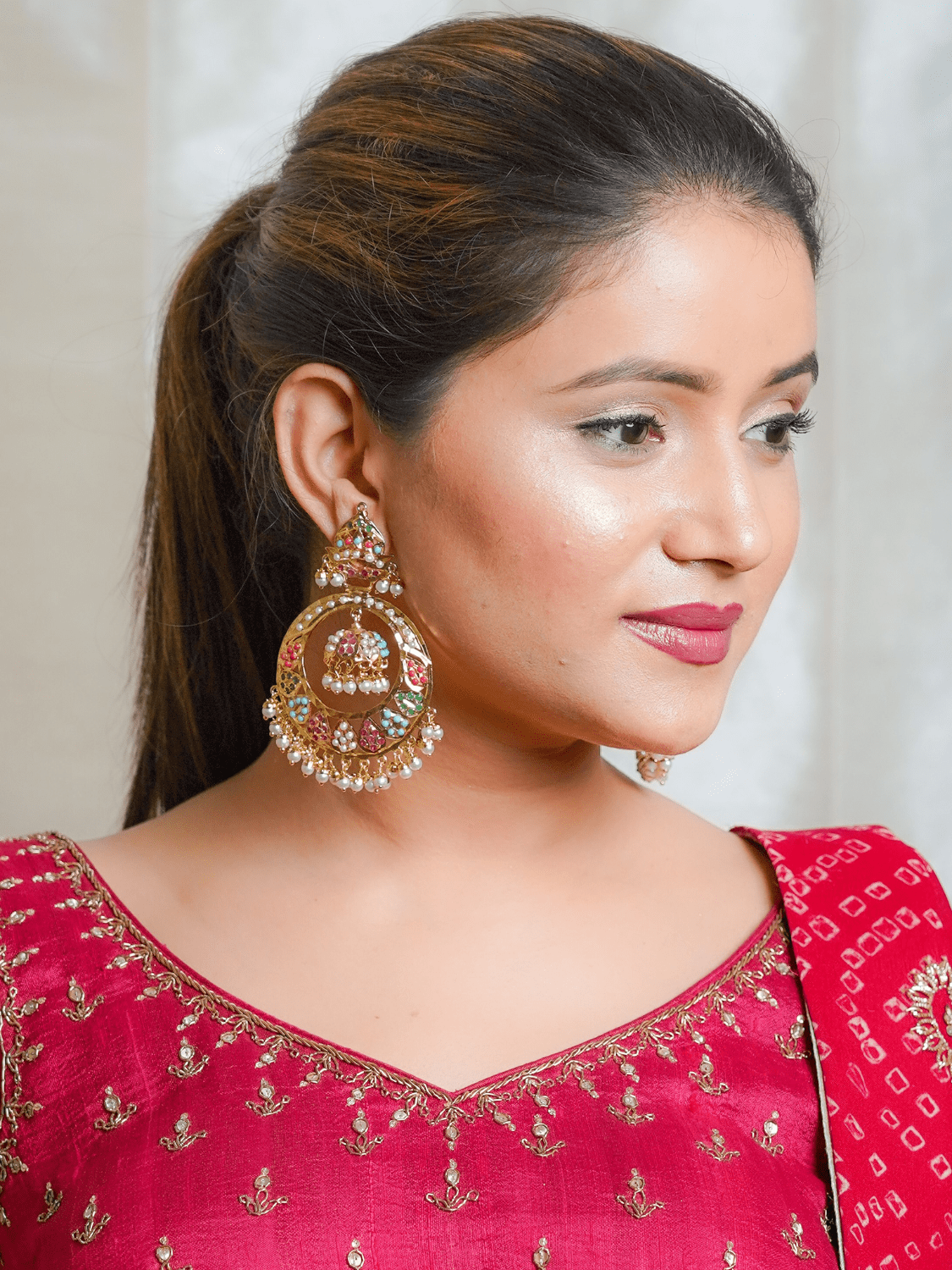 Jadau Jhumka Chandbali Earrings - Navratan - QUEENS JEWELS