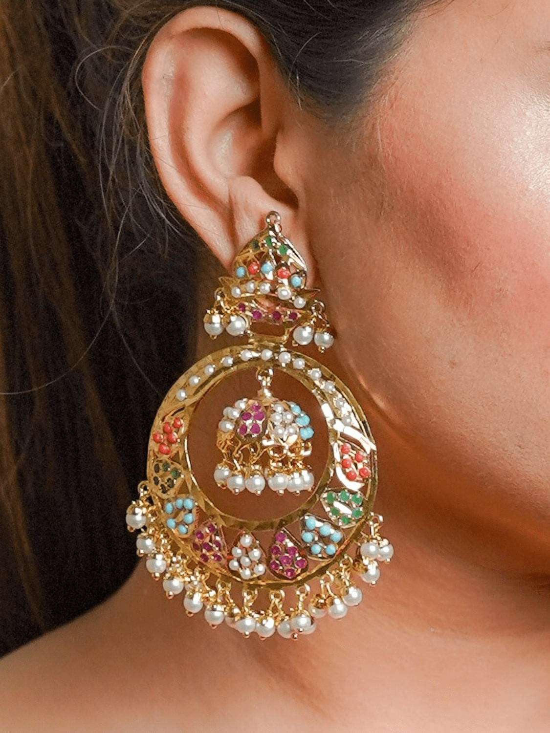 Jadau Jhumka Chandbali Earrings - Navratan - QUEENS JEWELS