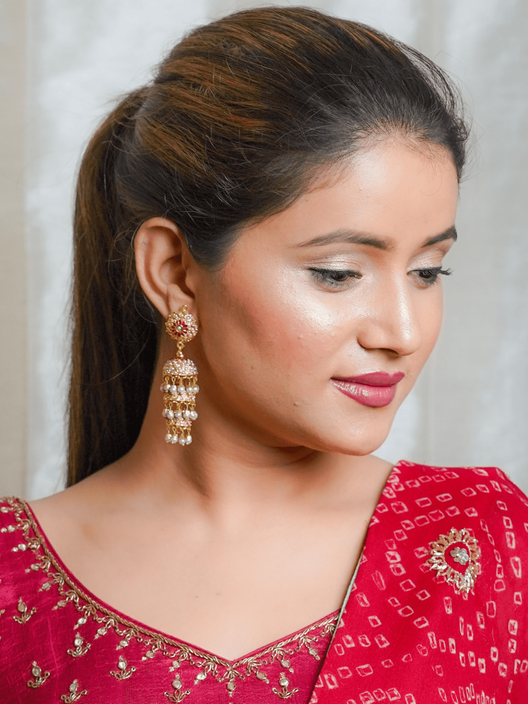 Gold Tone Three Layered (triple layer) Jadau Jhumki Earrings - QUEENS JEWELS