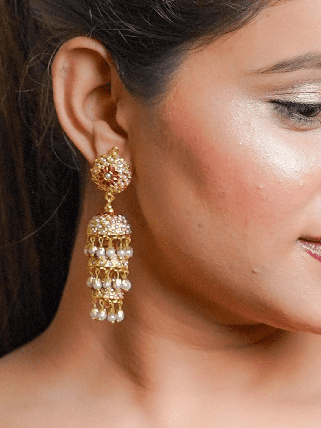 Gold Tone Three Layered (triple layer) Jadau Jhumki Earrings - QUEENS JEWELS