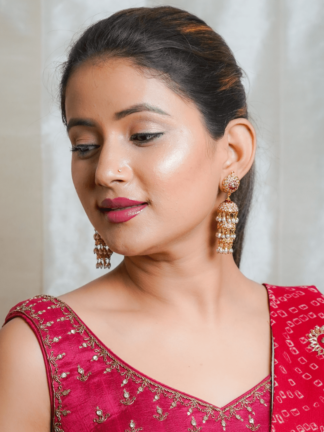 Gold Tone Three Layered (triple layer) Jadau Jhumki Earrings - QUEENS JEWELS