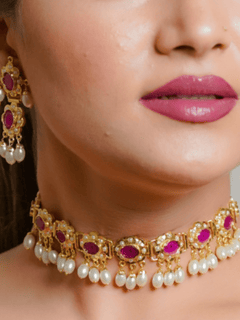 Ahalya Jadau Choker with Earrings (Necklace and Earrings Set) - QUEENS JEWELS