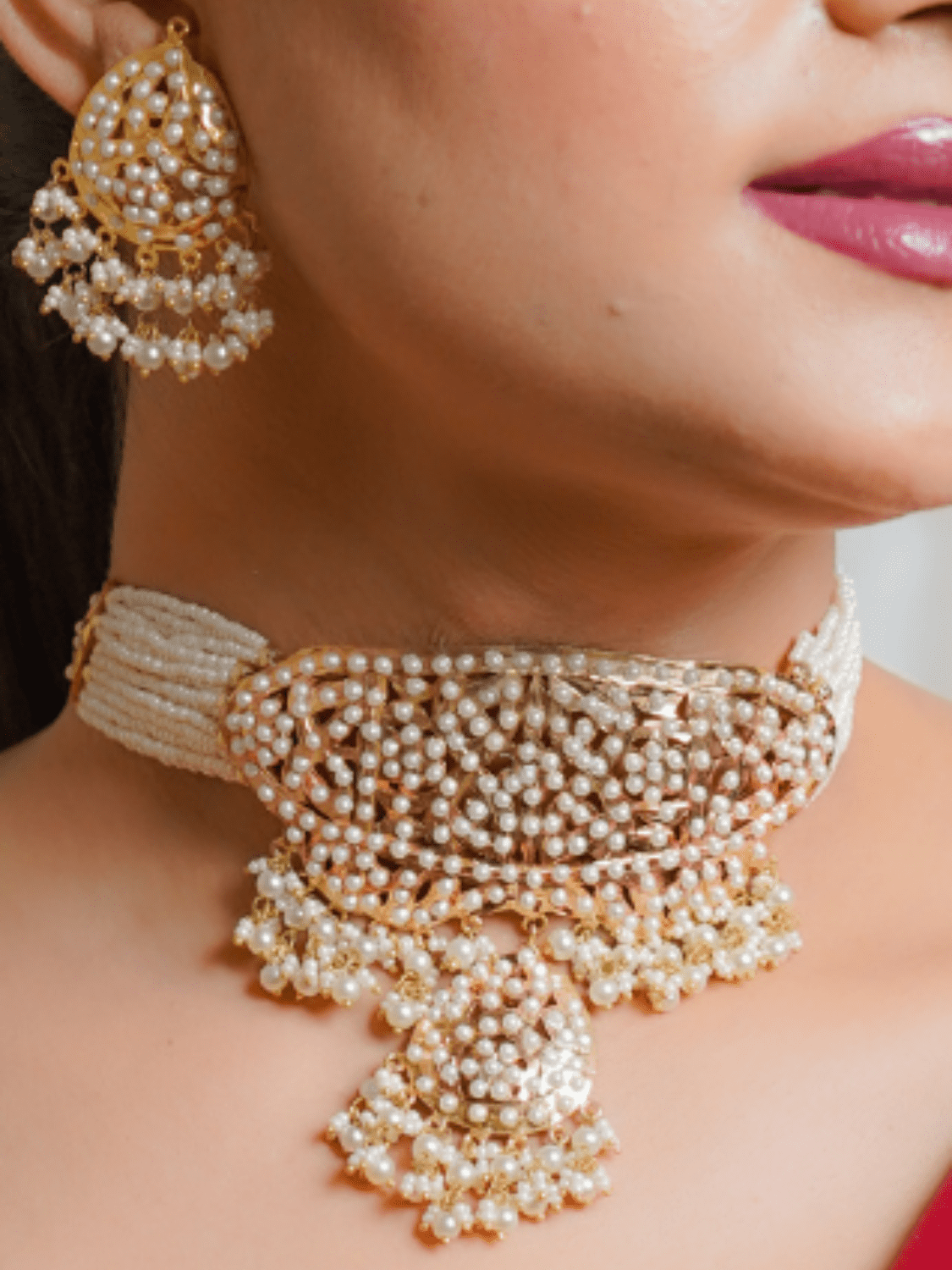 Jadau Choker with Earrings (Neclace & Earrings Set) - QUEENS JEWELS