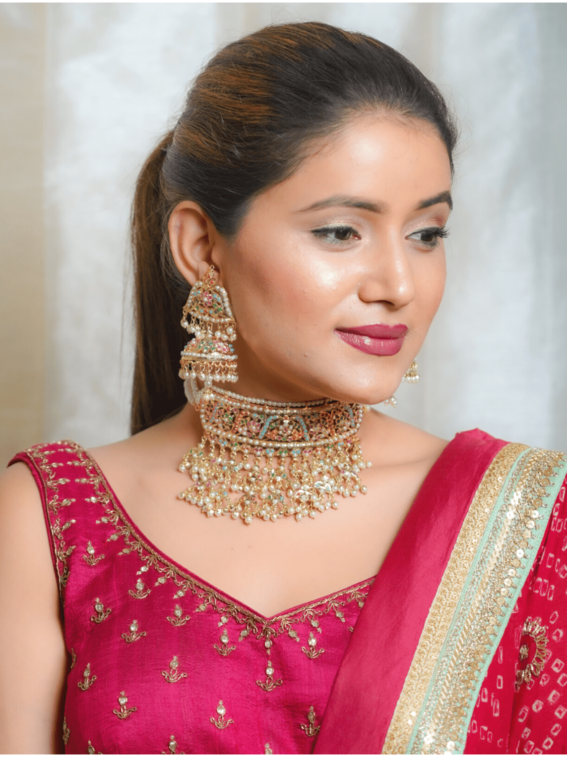 Navratan Jadau Choker with Earrings (Necklace and Earrings Set) - QUEENS JEWELS