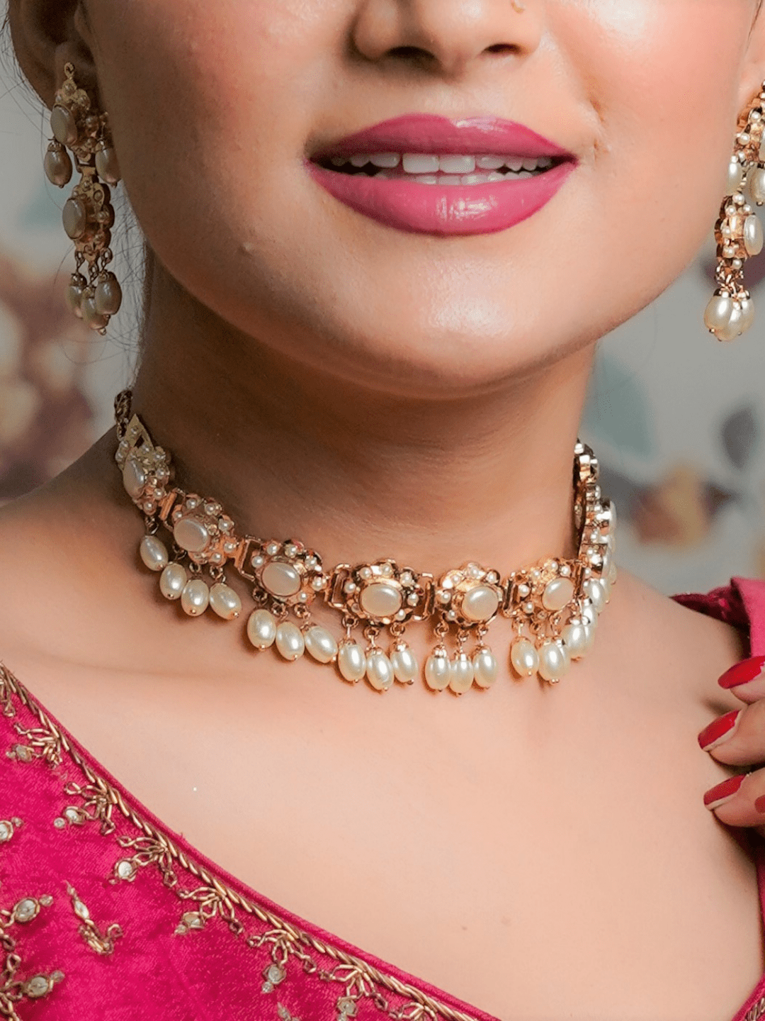 Ahalya Jadau Choker with Earrings (Necklace and Earrings Set) - Pearl white - QUEENS JEWELS