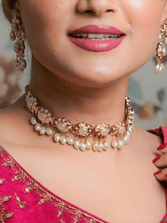 Ahalya Jadau Choker with Earrings (Necklace and Earrings Set) - Pearl white - QUEENS JEWELS