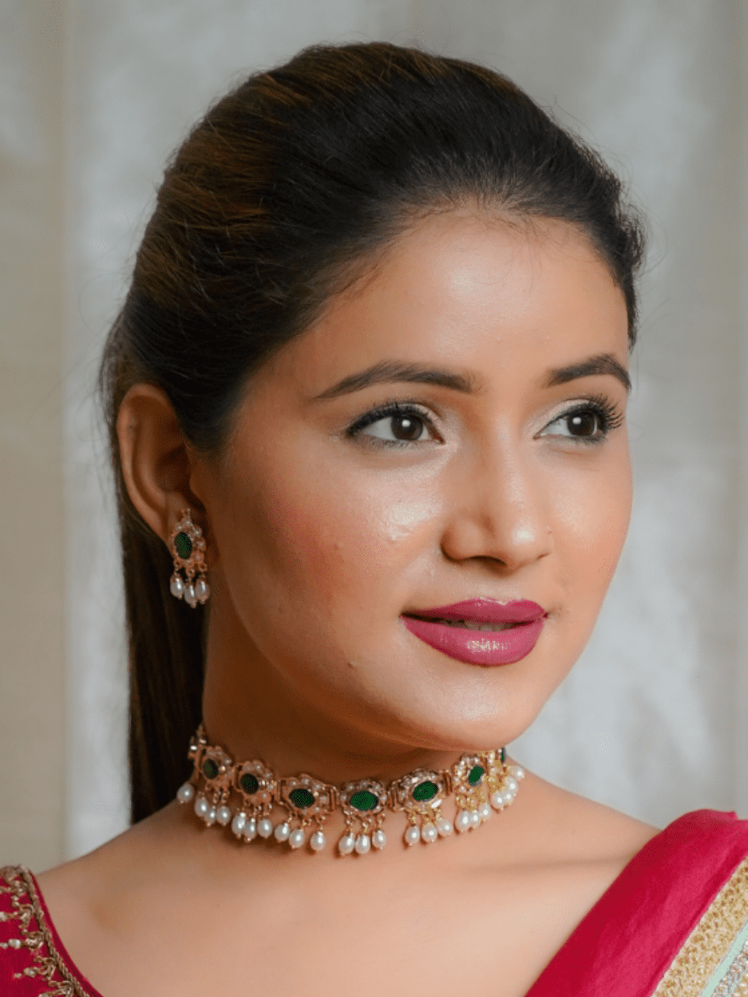 Ahalya Jadau Choker with Earrings (Necklace and Earrings Set) - Emerald Green - QUEENS JEWELS