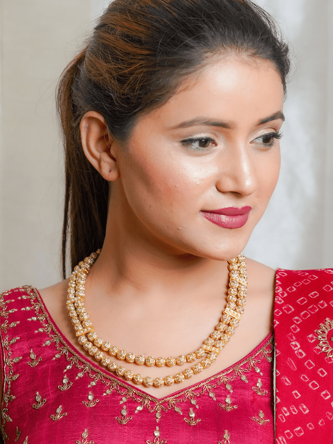White Gold Tone Single Layer Jadau Sonamoti Necklace - QUEENS JEWELS