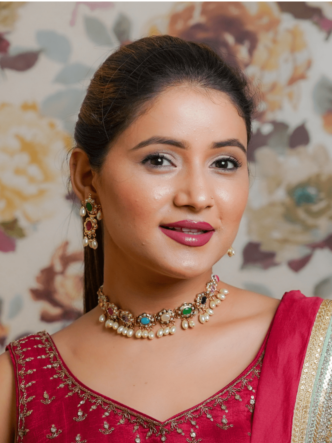 Ahalya Navratan Jadau Choker with Earrings (Necklace and Earrings Set) - QUEENS JEWELS