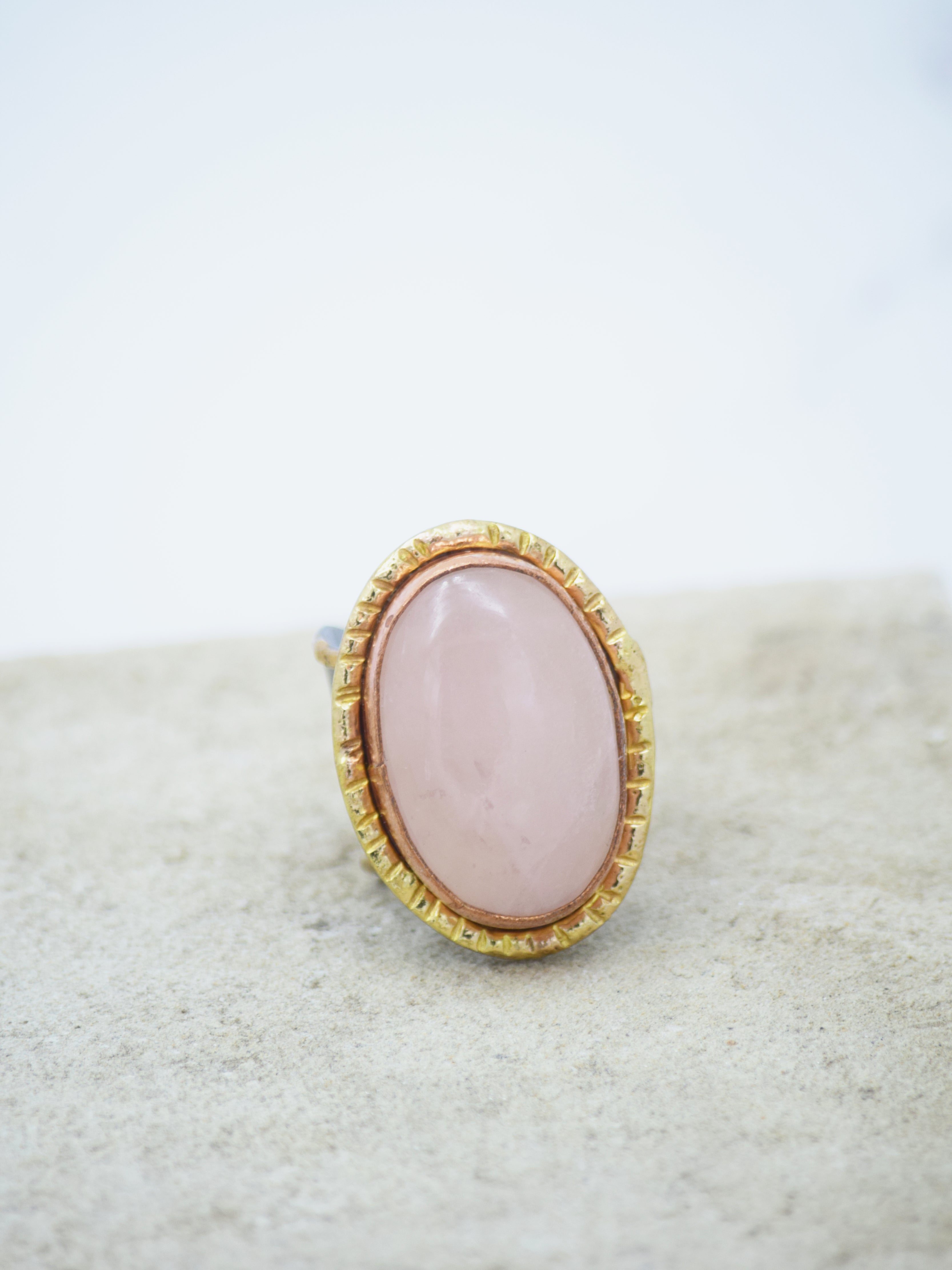 Rose Quartz Oval Shaped Gold Plated Adjustable Ring - QUEENS JEWELS